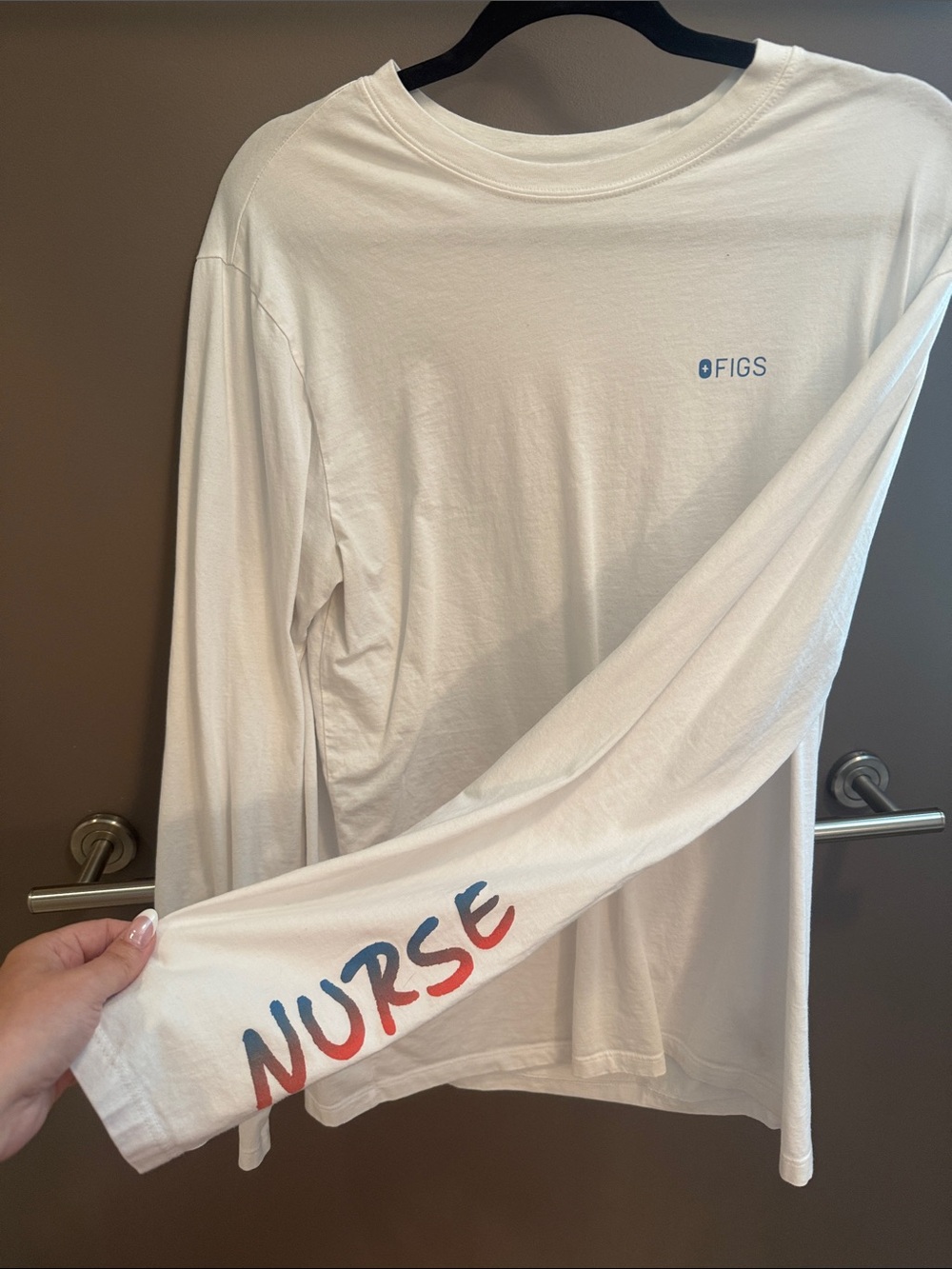 Figs White Long Sleeve Tee with Blue & Red Sleeve 'NURSE' Script